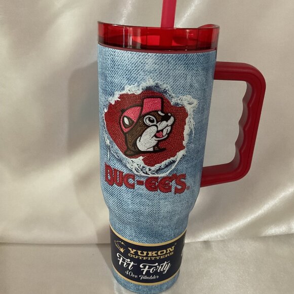 Buc-Ees Denim Design Stainless Steel Tumbler With Handle & Straw 40 Oz Yukon Out - Picture 2 of 8